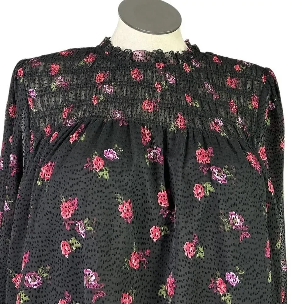 Banana Republic Top Women L Black Red Floral Velvet Dot Smocked Ruffle Collar
